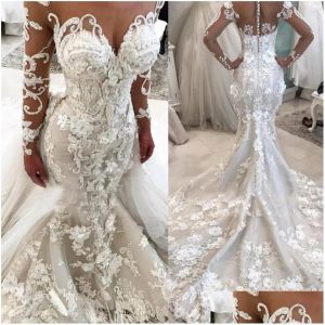 2023 Mermaid Wedding Dresses Bridal Gown 3D Floral Lace Applique Beading Long Sleeves Custom Made Beach Sweep Train Country Plus Size vestido de novia Plus Size