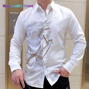 wangcai01 Men's Casual Shirts Rhinestones Shirts Mens Luxury Top Diamond Men's Shirt Long Mouw Slim Casual Shirt Black Animal Horse Shirt Social 0213H23