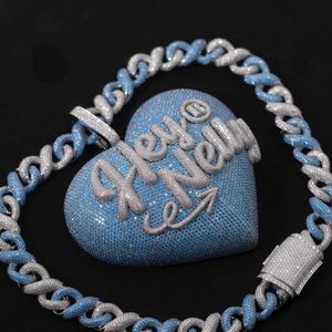 En iyi Takı Üreticisi Özel 925 Ayar Gümüş Vvs Mozanit Elmas Mavi Büyük Kalp Mektubu Kolye Küba Link Zinciri ile