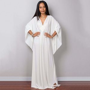 Sıradan Elbiseler Yunan Tanrıça Saf Beyaz Uzun Elbise Dikkatli Düz Renk Siyah Kaftan Yüksek Bel Batwing Sleep Maksi Elbiseler Zarif Kadınlar için 230214