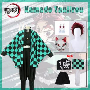 Tema Kostüm Demon Slayer Kamado Tanjirou Cosplay Kostüm Katana Kılıç Prop Maske Anime Giysileri Eardrop Üniforma Seti 230214