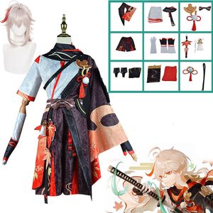 Tema Kostümü Genshin Etki Kaedehara Kazuha Cosplay Kostüm Cadılar Bayramı Karnavalı Samurai Kostüm Peruk Kırmızı Gözlük 230214