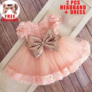 Kız Elbiseleri Bebek Sequin Yay Vaftiz Kız Vaftiz İlk 1. Doğum Günü Elbise Partisi Beyaz Bebek Toddler Vestido 230214