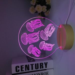 Gece Işıkları Denizanası Ahşap 3D Optik İllüzyon Led Lamba 7 Renkli Akrilik Hologram Masa Masası Ev Ofis Sanat Dekorasyon Işığı