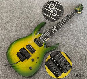 Lvybest 7 Strings Electry Guitar Floyd Rose Style Tremolo Flame Top Yeşil Patlama Siyah Açık Kutup Kamışları Ebony Klavye Ücretsiz