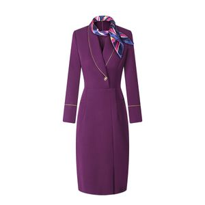 Havayolu Hostes Profesyonel Elbise Kadınlar Düz Renkli Üniforma Sonbahar Kış Mücevher Mağazası Satış Ofisi Resmi İş Giysileri