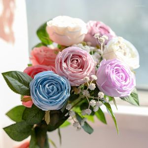 Flores decorativas Falsa Rose Flower Filial único Simulação Artificial Peony Birthday Decoration Home Party Decor Bouquet Silk Flore