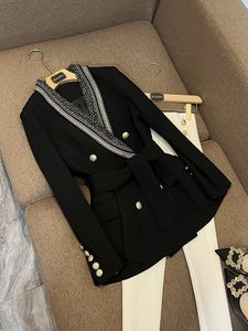 2023 Spring Black Solid Color Belted Rivet Blazers Long Sleeve Lapel Neck Double-Breasted Outwear Coats O3F152288