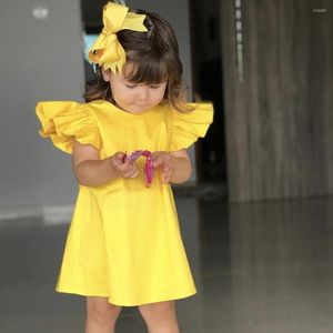 Kız elbise yaz bebek elbise moda pamuk sarı çocuklar kıyafetler kafa bantları kız bebek kolu katı yay