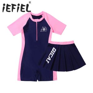 Children's Swimwear Kids Girls Swimsuits Sets Beachwear Outfit Mock Neck Short Sleeves Front Zipper Short Swimming Jumpsuit with Skirt Swimming Suit 230215