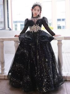 Güzel Siyah çiçek kız elbisesi Kız Pageant Abiye 2023 Altın Payetler Tül Balo Çocuklar Resmi Elbiseler Düğün Için Bebek kristal doğum günü partisi elbisesi