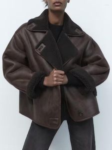 Kadın Ceketleri 2023 Sonbahar Kış Sıcak Motobiker Cepleri Üstleri Kahverengi Kadın Şık Soğuk Gevşek Tek Kesme Giyim Kadınlar Polar Palto