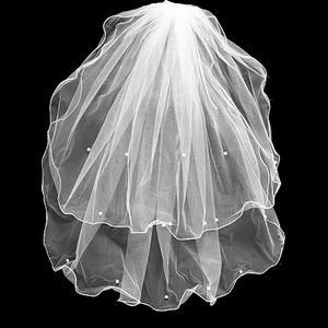 Короткое настоящее изображение Свадебные вуали 2 слоя цветы из бисера белый цвет слоновой кости.