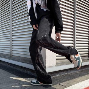 Erkek kot mavi siyah kravat boya erkekler moda gündelik bol bacak sokak kıyafeti gevşek hip hop düz denim pantolonlar erkek pantolon