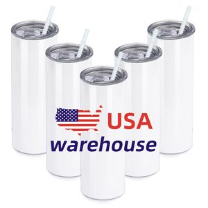 Garrafas de água para sublimação em estoque nos EUA aço inoxidável magro parede dupla isolada em linha reta branca 20 oz copo de caneca de esmalte de sublimação