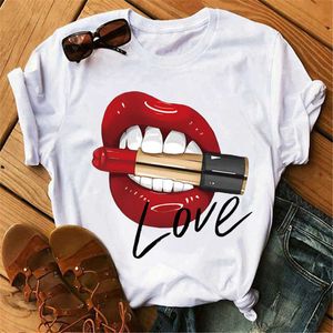 T-Shirt Feminina New Fashion Shirt Red Lips Tshirt Feminina Top Oneck Black Ladies Tshirt Batom Lips Funny Girl Oversized Tshirt XS3XL J230215