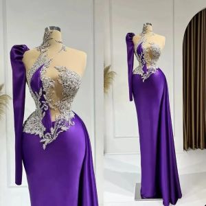 Zarif Mor Boncuklar Denizkızı Gece Elbise Seksi Bir Omuz Pullu Prom Elbise Yüksek Boyun Resmi Parti Gowns Özel Made 2023