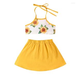 Giyim Setleri 2023 0-6y Çocuk Bebek Kız Seti Yaz Boho Ayçiçeği Baskı Yular Üst Sarı Katı Etek 2 PCS Kıyafetleri Tatil