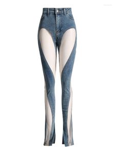 Kadın kot pantolon Joskaa benzersiz tasarım düzensiz örgü Patchwork pantolon mavi yüksek belli kadın kıyafetleri kış 2023 kadın dipleri Streetwear