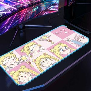 Mouse Pads Bilek Rests Mousepad XXL Gaming Mouse Pad LED PC Gamer Aksesuarları Pembe Sailor Moon RGB Backlit Masalı Mat Klavye Büyük Anime Genişletilmiş Fareler T230215