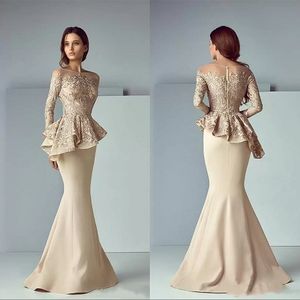 Elegant Long Mother Of The Bride Groom Dresses Champgne Lace Applique Satin Mermaid Wedding Guest Gowns Jewel neck Arabic Plus Size Prom Evening Dress For Women