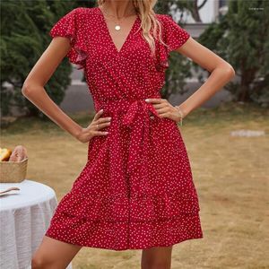 Parti Elbiseleri Kadın Bohem Polka Dot Şifon Kısa Elbise Lady Yaz Moda V yaka Dantel Yukarı fırfırlı mini kadın rahat sundress