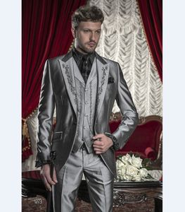 Erkekler Suits Blazers 2023 Moda Siyah Gümüş Grey Nakış Damat Smokin Groomsmen Düğün Prom 3 Parça Jacketpantvesttie 230216