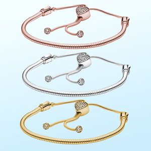 925 Sterling Silber Neues Mode-Damen-Charm-Schiebearmband, mit Herzschloss, Schlangenkette, kompatibel mit Originalperlen, weibliches Geschenk