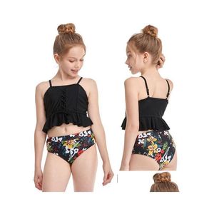 One-Pieces Girls Swimsuit Two Pieces Children Swimwear Kids Ruffled Bikini Set Highwaisted Bathing Suit Floral Summer Beachwear 212 Dh2Wh