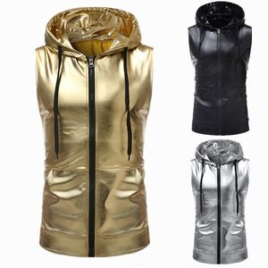 Erkek yelek fermuarlı ceket kolsuz üst Kore moda tasarımcısı lüks Noel dansı parlak kapşonlu 230217