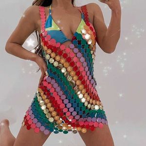 Sıradan elbiseler renkli gökkuşağı seksi yaz plaj bikini elbise kadınlar yuvarlak payetler kablo demeti sütyen göğüs boyun zinciri vücut takı z0216 z0216
