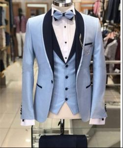 Абсолютно новый светло-голубой смокинги для жениха черный шаль отворот жениха мужское свадебное платье стиль мужской пиджак блейзер 3 шт костюм куртка брюки жилет галстук 883
