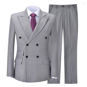 Erkek Suit 2023 Varış Erkekler Gri 2 Parça İnce Fit Özel Yapımı Kapanış Çift Kruvaze Kesikli Gelin Damat Düğün Giyim Smokin