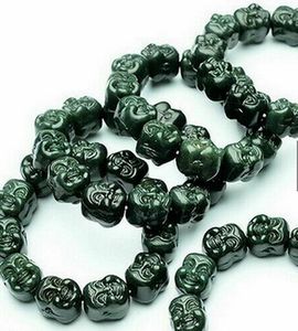 Strand Doğal Sertifikalı Koyu Yeşil Hetian Jade Jadeite Mutlu Buda Kafa Boncuk Bilezik