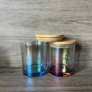 11oz 320ml Iridescent Glass Vastle Titular com tampa de bambu em branco garrafa de água Diy Candle Jar