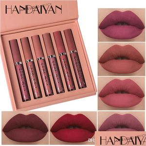 Макияж наборы 6 шт./Набор Handaiyan Veet Matte Gloss Gloss Purple Red Earth Nude Pigment Lasting Waterpronation Liquid Lipstick Cream Drop Dhonn