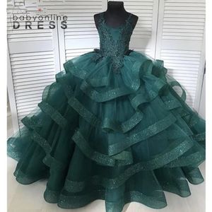 Prenses koyu yeşil balo elbisesi kızlar yarışmasında elbiseler 3d aplikeler dantelli fırfırlar tül çiçek kızlar elbiseler tatlı 15 quinceanera balo giyiyor özel yapılmış bc14639