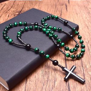 Colares pendentes Católicos Cristo Rosário Tigre Verde Onyx com Hematita Cruz Colar Longo Homens Religiosos