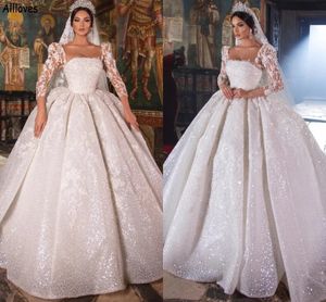 Türkiye Dubai Arap Prenses Balo Elbise Gelinlik Kadınlar İçin Vintage Square Boyun Uzun Kollu Gelin Elbise Puf Sekansı Dantel Vestidos De Novia Plus Boyut Cl1872
