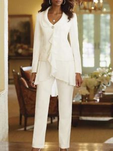 Ivory Formal Mother of the Bride Pantsuit - Elegant Long Sleeve Lapel Design, Plus Size Wedding Guest Outfit