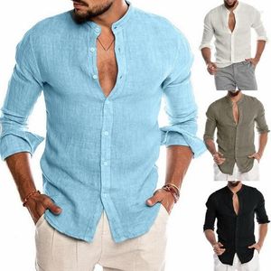 Erkek Pamuk Keten Gömlek Düz Renk Uzun Kollu Hırka Uzun Kollu Erkekler için Rahat Gevşek Yakasız Düğme Erkek Erkek Gömlek