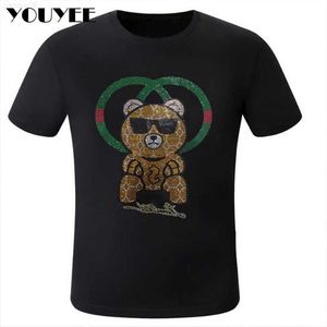 Erkek Tişörtler Erkekler Tshirt Lüks Kısa Kollu Tees Ayı Rhinestone Tasarım Şık Erkek Top Pamuk Artı Boy Boy Boyu Giyim 4xl Z0221