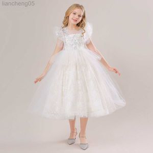 Kız Elbiseleri 5-14 yıl payet Beyaz Nedime Parti Elbiseleri Kabarık Dantel Çiçek Prenses Elbise Çocuklar İçin Düğün Doğum Günü Yaz Balo Elbise W0221
