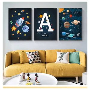 Mektup Kreş Duvar Sanat Tuval Resim İskandinav Poster ve Baskı Duvar Resimleri Çocuk Odası Dekor Gezegen Roket Uzay Gemisi Numarası Woo