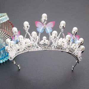 Tiaras Romantic Butterfly Shape Princess Crown for Girls Handmade Rhinestone Tiara Pearl Headband For Birthday Wedding Model Catwalk Z0220