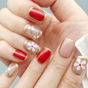 Ложные гвозди Kawaii цветочные наклейки на пальцам многоразовый фальшивый коротковатный красный красный милый украшен для Gilrs Summer Manicure Art Design 24p
