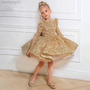Kızın Elbiseleri Pullu Çocuklar Kızlar için Elbise Düğün Altın Tül Dantel Kız Elbise Vaftiz İçin Zarif Prenses Parti Pageant Örgün Önlük W0221 Gel
