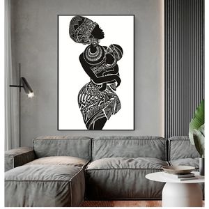 Weißes Wandbild, Poster, Gemälde, Heimdekoration, schöne afrikanische Frau mit Baby, Schlafzimmer, Wandkunst, Leinwandgemälde, Schwarz und Woo