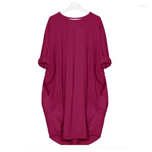 Günlük Elbiseler Sonbahar Düz Renk Elbise Kadınlar 2023 Modası Cep O Boyun Uzun Kollu Gevşek Vintage Kadın Artı Boyutu Midi