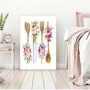 Живопись на стене картинка плакат дома украшение цветочной кухонной посуды Принт кухонная стена декор деревянная посуда искусство холст Ву